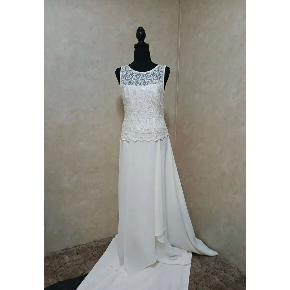 NWT Gorgeous Sz 8 Michaelangelo White Vintage Wedding Dress lace top crepe skirt